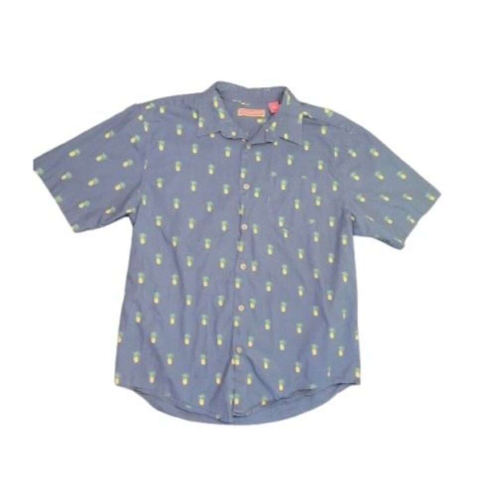Havenera Shirt Mens M Button Up Short Sleeve Blue Pineapple Print Cotton